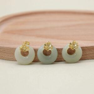 nephrite lotus flower pattern Pingan ring shape charm pendant, gild sterling silver charm, golden pendant