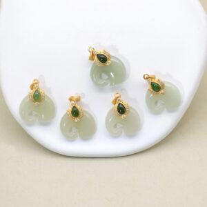 green nephrite elephant shape charm pendant, gild sterling silver charm, golden pendant