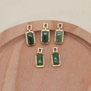 rectangle shape green nephrite charm pendant, gild sterling silver charm, golden pendant