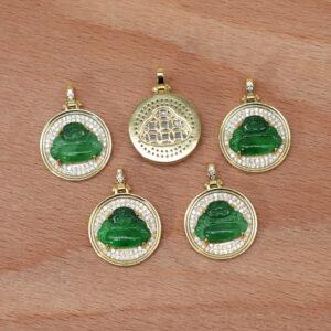 Buddha shape green jadeite charm pendant, gild sterling silver charm, golden pendant