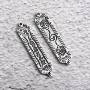 rectangle shape Taoist talisman pattern oxidized s925 sterling silver bead