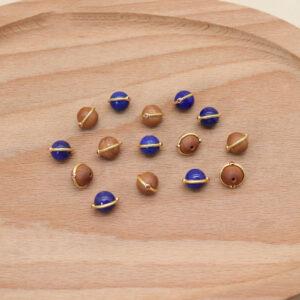 2 pcs round shape lapis lazuli and wood gild sterling silver bezel bead