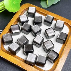 5 pcs cube shape natural silver obsidian bead