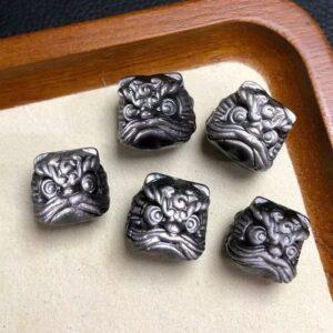 5 pcs pixiu animal head shape natural silver obsidian bead