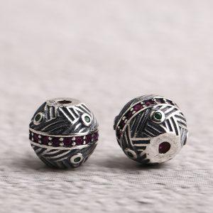 line pattern round shape oxidized sterling silver bead