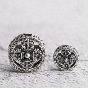hollow Vajra pattern round shape oxidized sterling silver bead