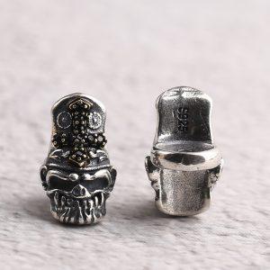 Floral Hat Skull shape oxidized sterling silver bead