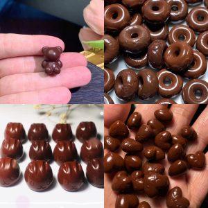 5-piece set of natural chocolate-colored agate beads in assorted floral and animal shapes