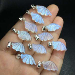 Natural Blue Light Moonstone Wing Pendant with S925 Silver Clasp