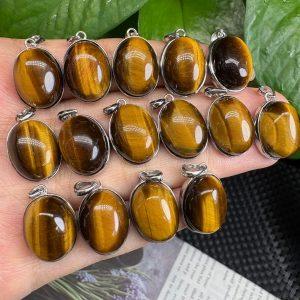 Natural Yellow Tiger Eye Oval Pendant with S925 Silver Clasp