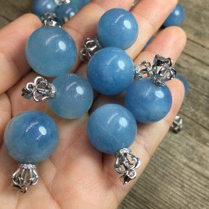 Natural Aquamarine Sphere Pendant with Crown Silver Clasp for DIY Jewelry Making