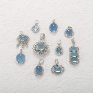 Natural Aquamarine Geometric and Flower Pendant with S925 Sterling Silver Bezel Set