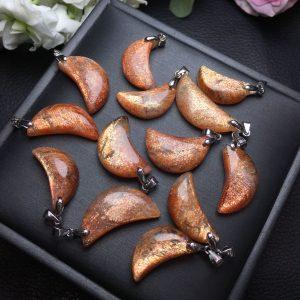 Natural Sunstone Crescent Moon Pendant with Silver Clasp