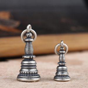 Buddha pattern Tibetan Buddhist stupa shape oxidized sterling silver charm pendant
