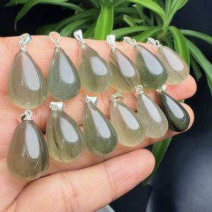 Natural Green Rutilated Quartz Teardrop Pendant with S925 Silver Clasp