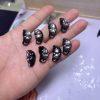 5-pieces Natural Silver Sheen Obsidian Cute Lying Cat Head & Tail Double Hole Bead for DIY Jewelry Making