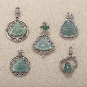 Natural Blue‑Water Jadeite Buddha & Gourd Pendant with Gold Plated S925 Silver Bezel Set