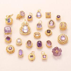 Natural Amethyst Flower & Geometric Spacer Bead and Pendant with Gold Plated S925 Silver Bezel Set