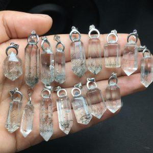 Natural Black Rutilated Quartz Double‑Point Prism Pendant with Silver Clasp