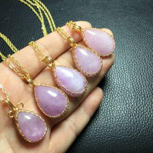 Natural Kunzite Teardrop Pendant with Copper Wire Wrapped Bezel Base