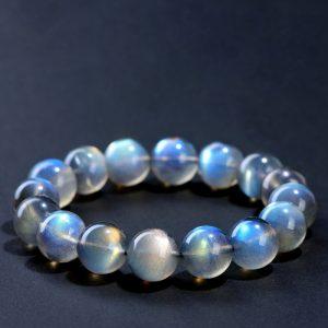 Natural Rainbow Luster Grey Moonstone Round Bead Bracelet