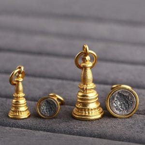 Gold Plated S925 Silver Green Tara Yellow Jambhala Stupa Seal Pendant, Tibetan Amulet