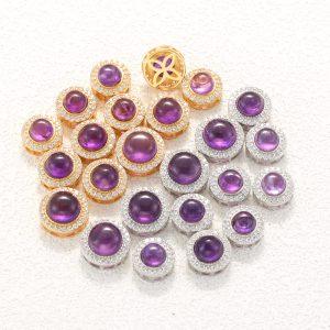 Natural Amethyst Round Beads with Gold Plated S925 Silver Bezel Set