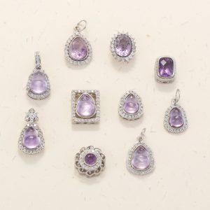 Natural Amethyst Gourd & Flower Pendants, Spacer Beads with S925 Silver Bezel Set