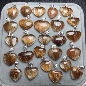 Natural Straight Copper Rutilated Quartz Heart Pendant with Silver Clasp