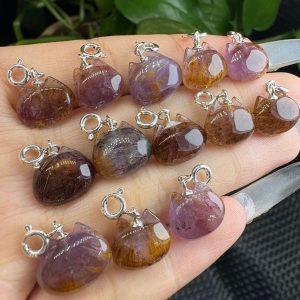 Natural Purple Titanium Rutilated Quartz Cat Head Pendant with Silver Clasp