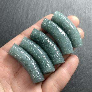 Light Blue‑Toned Jadeite Curved Tube Beads, Cloud Fortune Carvings