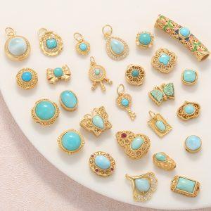 natural Turquoise Geometric Heart Gourd Butterfly Dangle Beads & Charms with Gold Plated S925 Silver Bezel Set