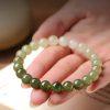 Natural Green to White Gradient Nephrite Jade Straight-Cut Drum Round Beaded Bracelet