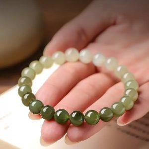 Natural Green to White Gradient Nephrite Jade Straight-Cut Drum Round Beaded Bracelet