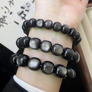 AAA Natural Silver Flash Silver Sheen Obsidian Barrel Beads Bracelet