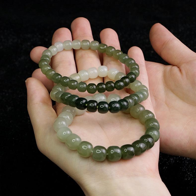 AAA Natural Gradient Color Nephrite Barrel Round Beaded Bracelet