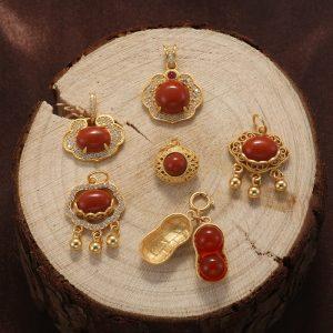 Natural Nanhong Red Agate Ruyi Peanut Shape Pendant with Gold Plated S925 Silver Bezel Set