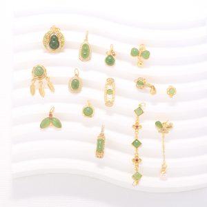 Natural Green Nephrite Gourd Butterfly Fish Tail Flower Shape Accessories with Gold Plated S925 Silver Bezel Set