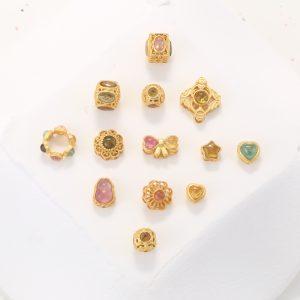Natural Tourmaline Barrel Square Heart Flower Shape Spacer Loose Beads with Gold Plated S925 Silver Bezel Set