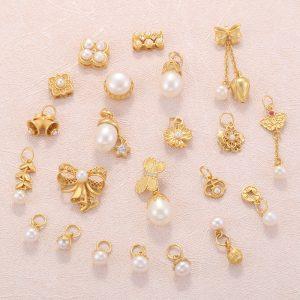 Natural Freshwater Pearl Teardrop Bow Mini Dangle Charm Spacer Bead with Gold Plated S925 Silver Bezel Set