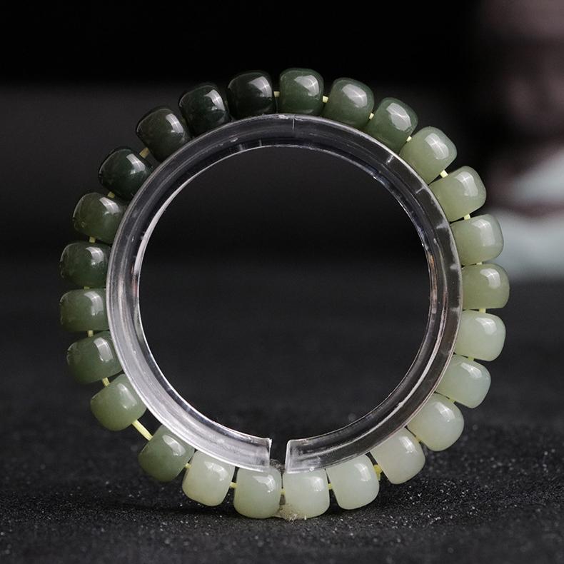 AAA Natural Gradient Color Nephrite Barrel Round Beaded Bracelet - Image 2
