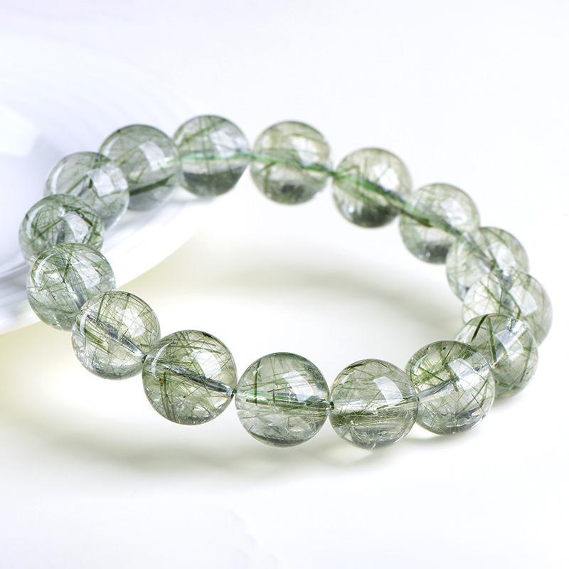 7mm - 12mm 5A Natural Green Rutilated Quartz Round Beaded Bracelet - Image 2