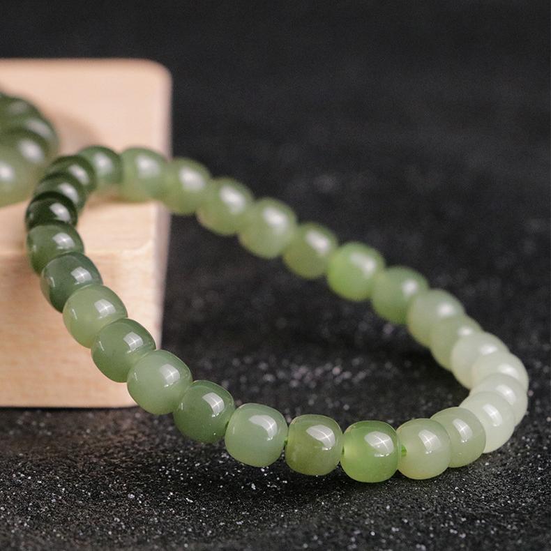 AAA Natural Gradient Color Nephrite Barrel Round Beaded Bracelet - Image 3