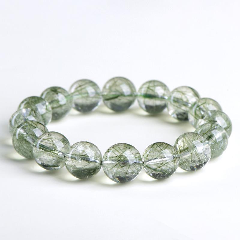 7mm - 12mm 5A Natural Green Rutilated Quartz Round Beaded Bracelet - Image 3