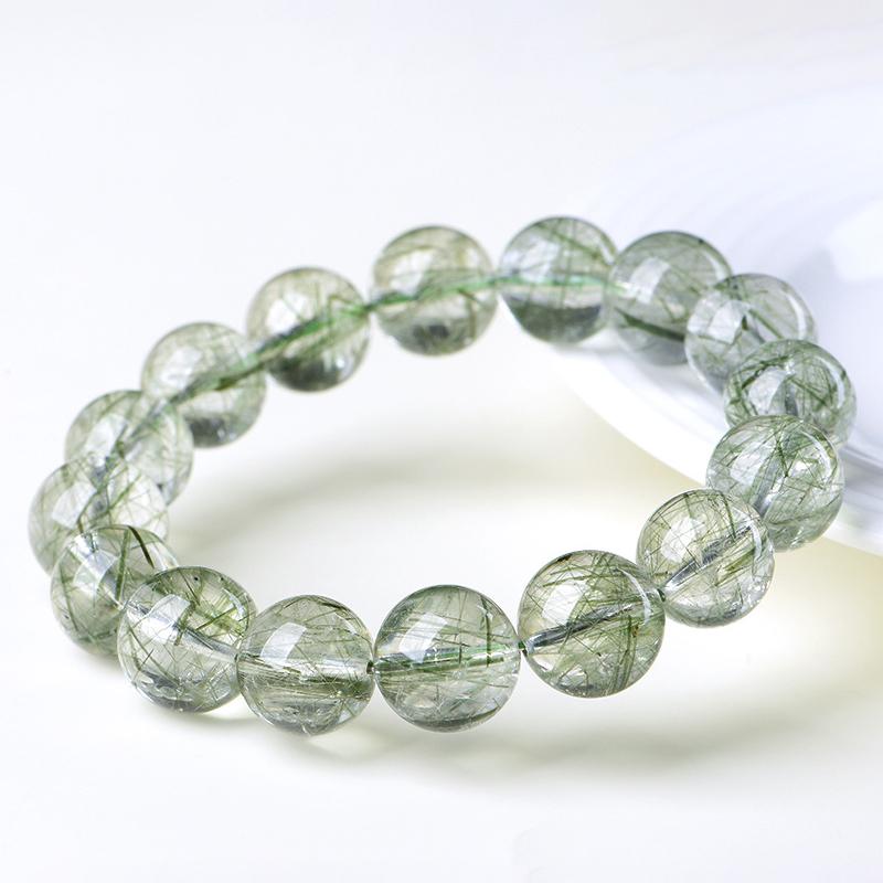 7mm - 12mm 5A Natural Green Rutilated Quartz Round Beaded Bracelet - Image 4