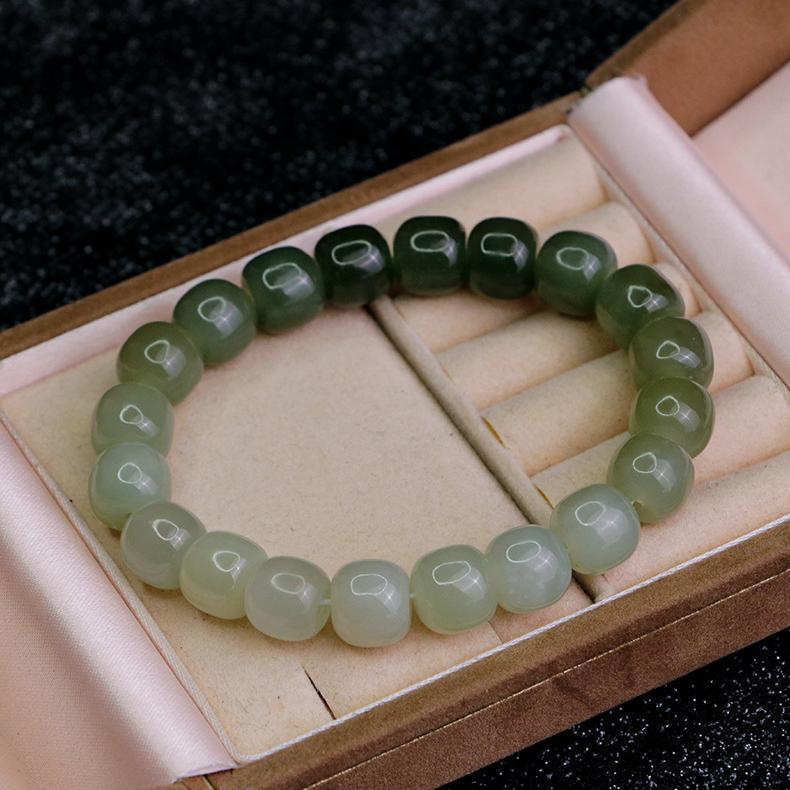 AAA Natural Gradient Color Nephrite Barrel Round Beaded Bracelet - Image 5