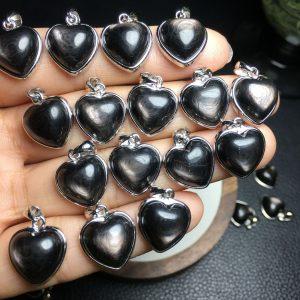 S925 Sterling Silver Bezel Set Natural Hypersthene Heart Pendant
