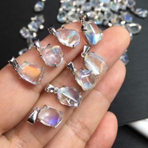 S925 Sterling Silver Bezel Set Natural Madagascar Rainbow Moonstone Irregular Shape Pendant