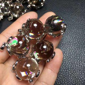 S925 Sterling Silver Bezel Set Natural Smoky Quartz Rainbow Flash Sphere Pendant
