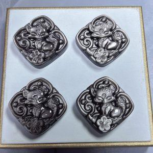 Natural Silver Sheen Obsidian Fox and Flower Pattern Square Shape Pendant Bead